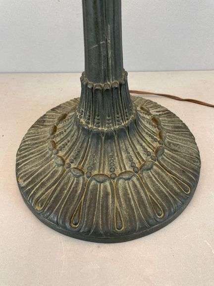 Antique Cast Iron Table Lamp with Painted Glass Shade