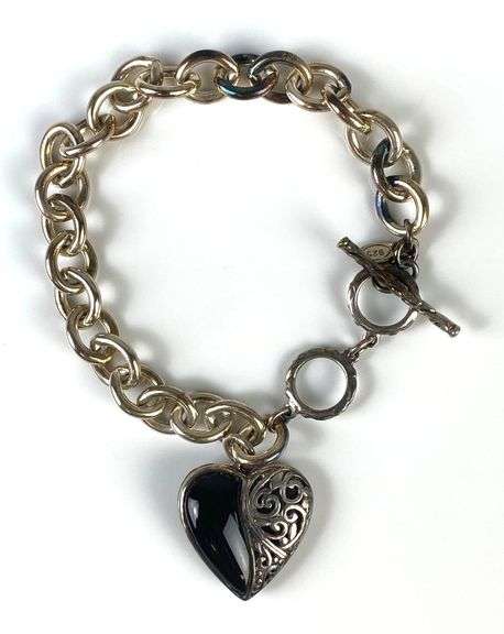 Sterling Silver Bali Link Bracelet With Onyx and Filagree Heart