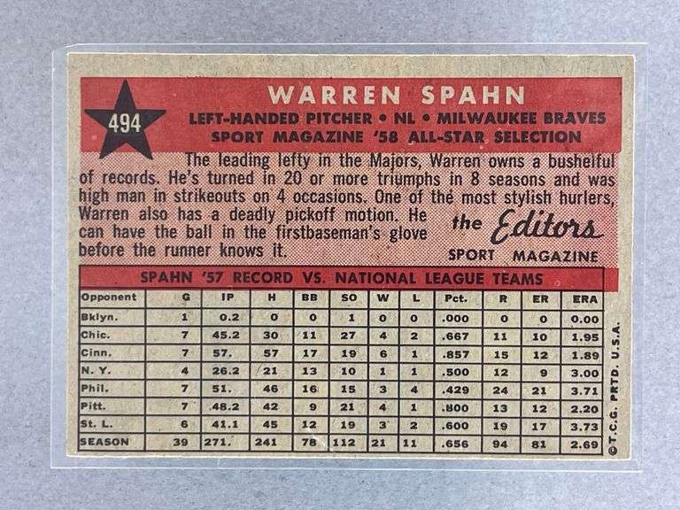 1958 Topps Warren Spahn All-Star #494