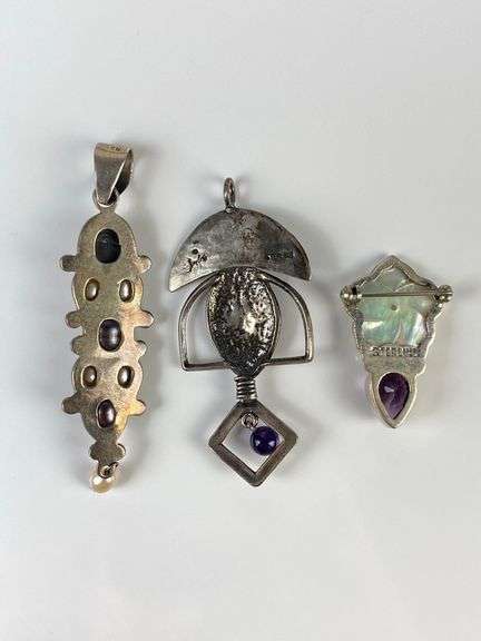 Group of 3 Sterling Silver Necklace Pendants and Brooch