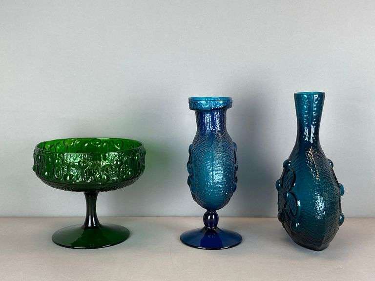 Group of Blenko Style Textured Art Glass Vases and Compote