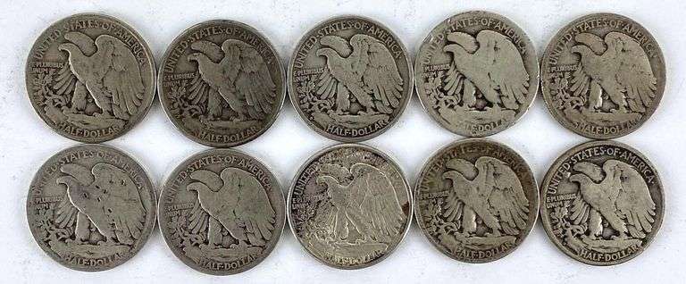 Group of 10 Walking Liberty 90% Silver Half Dollars