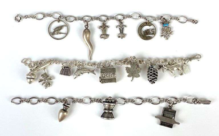 Group of 3 Sterling Silver Charm Bracelets with Charms