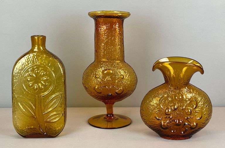 Group of Blenko Style Textured Art Glass Vases and Bottle