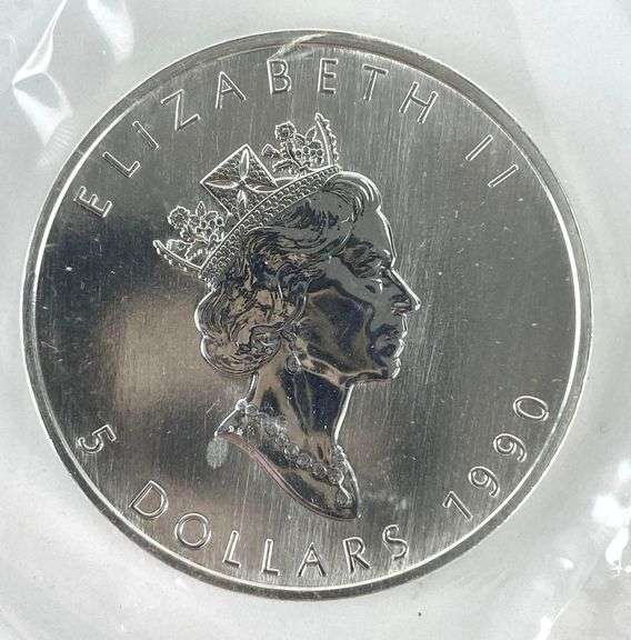 1990 Royal Canadian Mint Canada Maple Leaf $5 1 oz .999 Fine Silver Coin