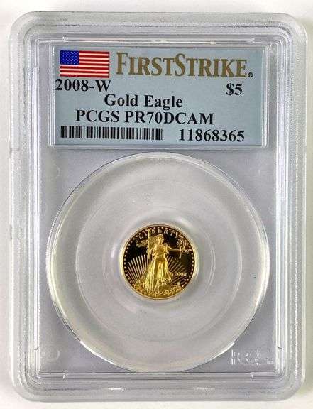PCGS Graded 2008 W $5 US 1/10 oz American Gold Eagle PR70