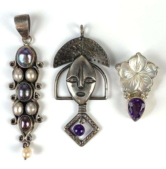 Group of 3 Sterling Silver Necklace Pendants and Brooch