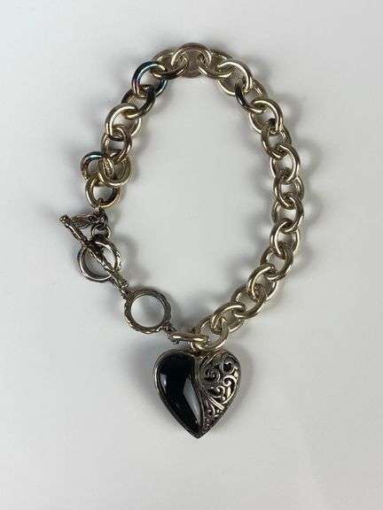 Sterling Silver Bali Link Bracelet With Onyx and Filagree Heart