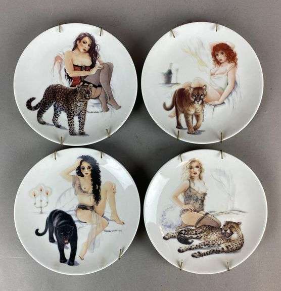 Group of 4 Monika Heller-Cole Risque Women with Cats Porcelain Platea