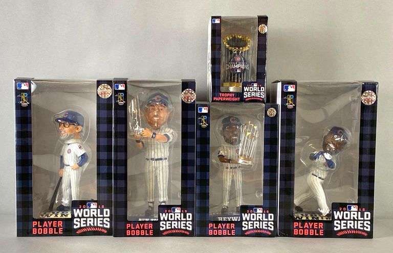 Group of 2016 Chicago Cubs World Series Bobbleheads and Trophy Paperweight