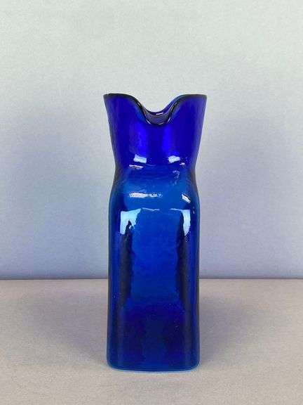 2014 Blenko Walter Blenko Signed Cobalt Textured Glass Double Pitcher