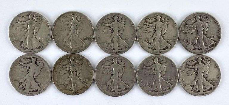 Group of 10 Walking Liberty 90% Silver Half Dollars