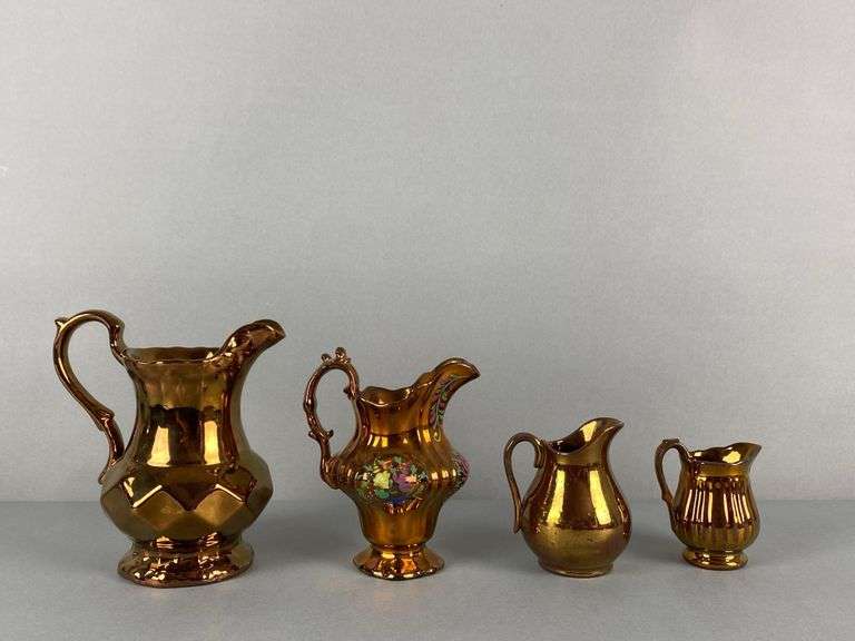 Group of 4 Copper Lusterware Stoneware Pitchers
