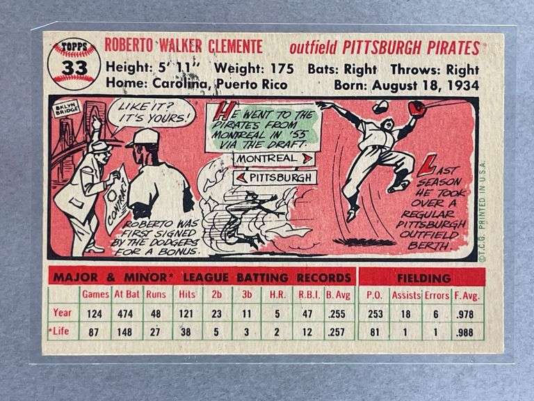 1956 Topps Roberto Clemente White Back #33, 2nd Year