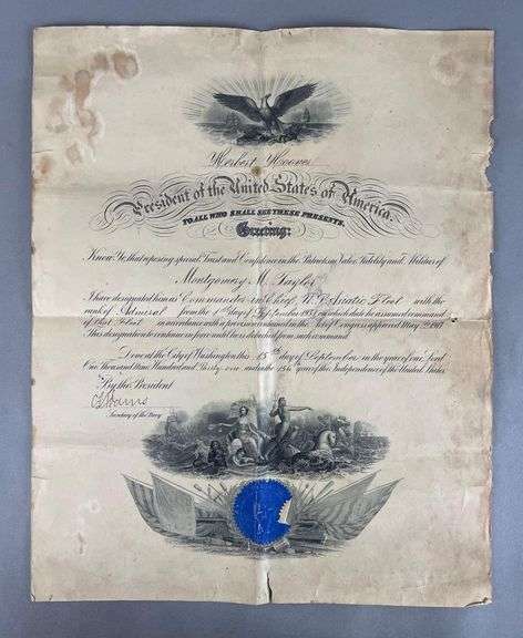 1931 Herbert Hoover Navy Promotion of Montgomery M. Taylor Document