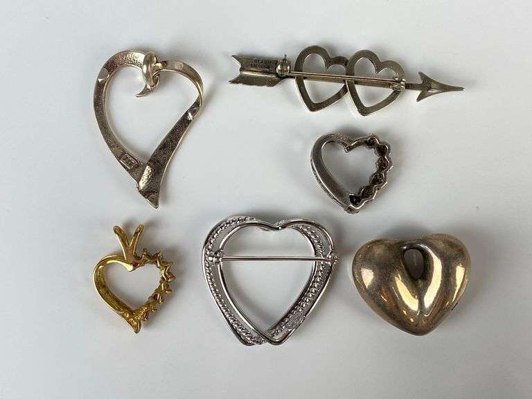 Group of 6 Sterling Silver Heart Pendants and Brooches