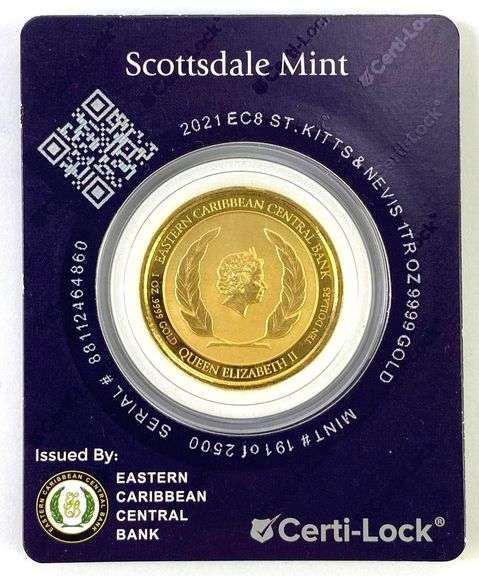 2021 Eastern Caribbean Central Bank $10 St. Kits and Nevis 1 oz .9999 Gold Coin