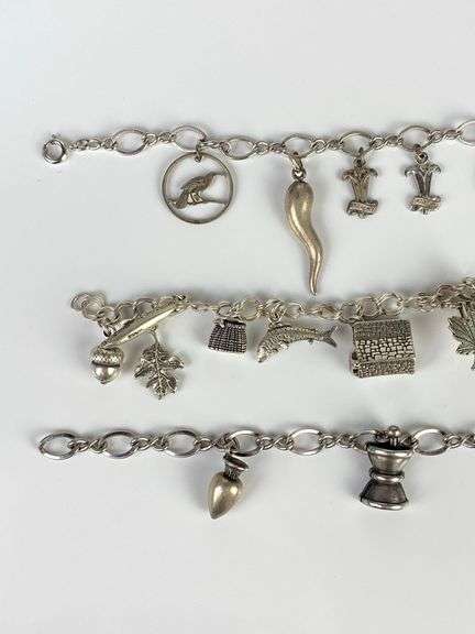 Group of 3 Sterling Silver Charm Bracelets with Charms