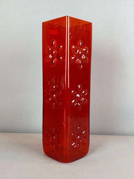 Blenko Floral Relief Red Glass Vase