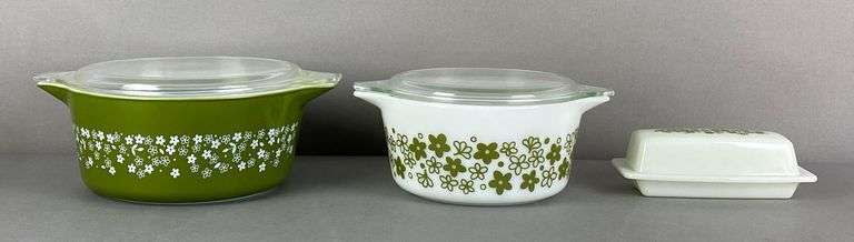Set of 3 Pyrex Spring Blossum Glass Casseroles and Butter Dish