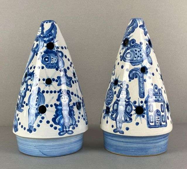 Group of 2 M A Hadley Signed Christmas Tree Pottery Luminary