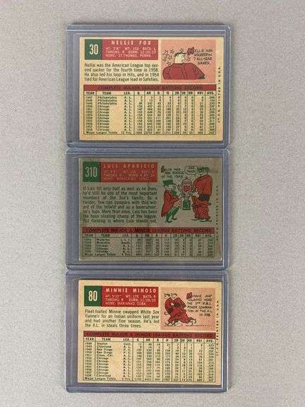1959 Topps Nellie Fox, Luis Aparicio, and Minnie Minoso Cards