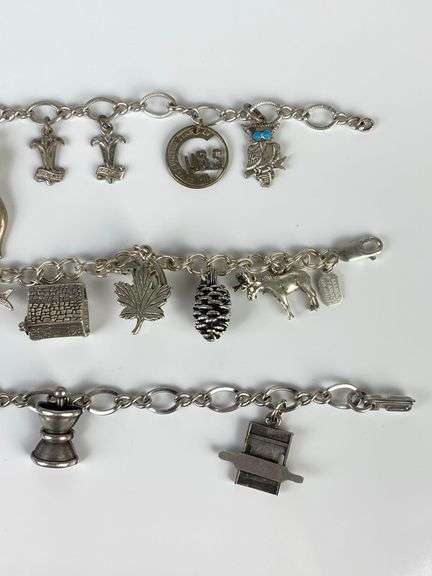 Group of 3 Sterling Silver Charm Bracelets with Charms