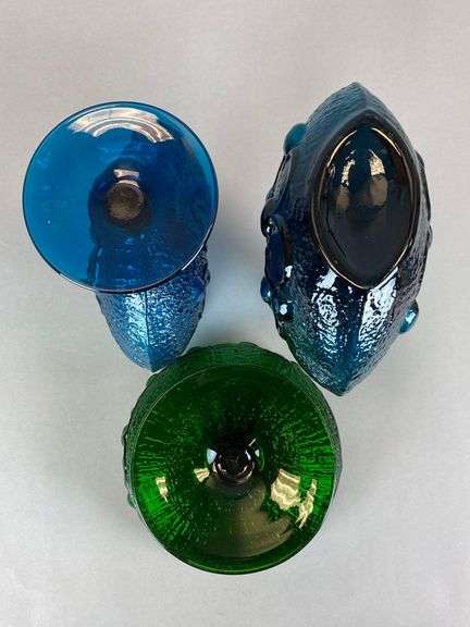 Group of Blenko Style Textured Art Glass Vases and Compote