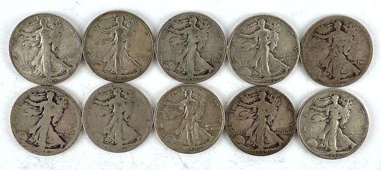 Group of 10 Walking Liberty 90% Silver Half Dollars