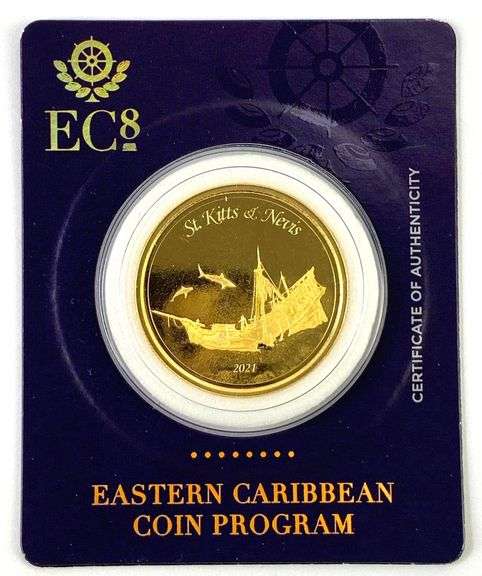 2021 Eastern Caribbean Central Bank $10 St. Kits and Nevis 1 oz .9999 Gold Coin