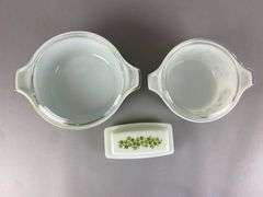 Set of 3 Pyrex Spring Blossum Glass Casseroles and Butter Dish