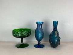 Group of Blenko Style Textured Art Glass Vases and Compote