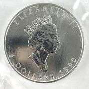 1990 Royal Canadian Mint Canada Maple Leaf $5 1 oz .999 Fine Silver Coin