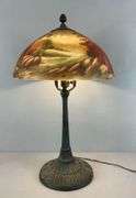 Antique Cast Iron Table Lamp with Painted Glass Shade