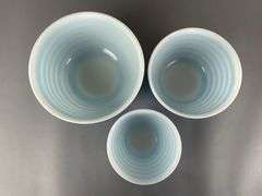 Set of 3 Pyrex Rainbow Blue Stripe Glass Nesting Mixing Bowls