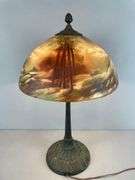 Antique Cast Iron Table Lamp with Painted Glass Shade