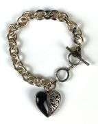 Sterling Silver Bali Link Bracelet With Onyx and Filagree Heart
