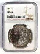NGC Graded 1887 US $1 Morgan Silver Dollar MS63