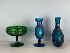 Group of Blenko Style Textured Art Glass Vases and Compote