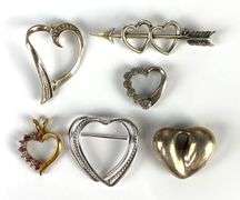 Group of 6 Sterling Silver Heart Pendants and Brooches