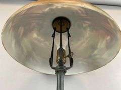 Antique Cast Iron Table Lamp with Painted Glass Shade