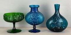 Group of Blenko Style Textured Art Glass Vases and Compote