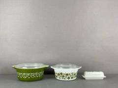 Set of 3 Pyrex Spring Blossum Glass Casseroles and Butter Dish