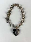 Sterling Silver Bali Link Bracelet With Onyx and Filagree Heart