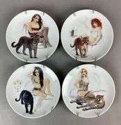 Group of 4 Monika Heller-Cole Risque Women with Cats Porcelain Platea