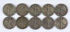 Group of 10 Walking Liberty 90% Silver Half Dollars