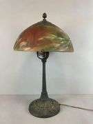 Antique Cast Iron Table Lamp with Painted Glass Shade
