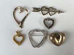 Group of 6 Sterling Silver Heart Pendants and Brooches