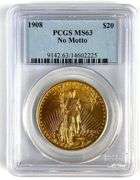 PCGS Graded 1908 US $20 Gold St Gaudens  MS63