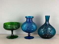 Group of Blenko Style Textured Art Glass Vases and Compote